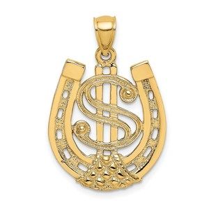 14k Yellow Gold Dollar Sign In Equestrian Horseshoe Necklace Charm Pendant